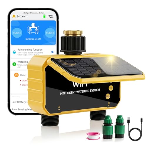 Sprinkler Timer, Solar WiFi Water Timer for Garden Hose, 2 Zone Water Sprinkler with Rain Sensor and Manual Mode via APP/Voice Control, Automatic Irrigation Control System for Lawns, Yard and Pool
