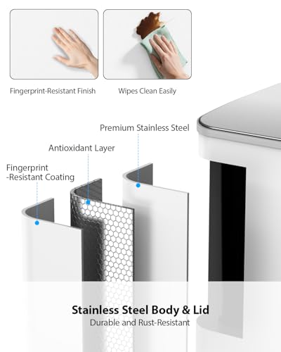 Lovewind Dual Trash and Recycling Bins for Kitchen, 2 * 11-Gallon Stainless Steel Double Trash Can, Step-On Garbage and Recycle Combo, Quiet Close, Pet-Proof, Compatible with 13-Gallon Bags, White - color: White, size: 2 x 11 Gallon