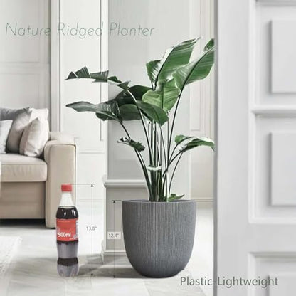 12.4"H Tapered Ribbed Lightweight Plastic Planter w/ Drainage Hole & Plug - color: Mediterranean Gray., size: 12.4in