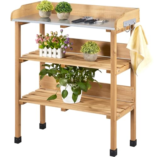 Yaheetech Potting Bench Outdoor Console Table w/3-Tier Storage,Natural Wood - color: Natural Wood