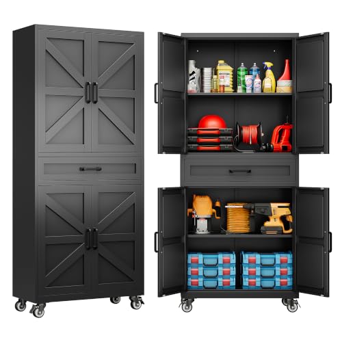 SISESOL Black Metal Storage Cabinet with Wheels and Drawer,Rolling Garage Cabinet with Doors and Adjustable Shelves,73" Mobile Tall Large Metal Cabinets for Home,Office,Garage,Shop - color: Black, size: 73"H