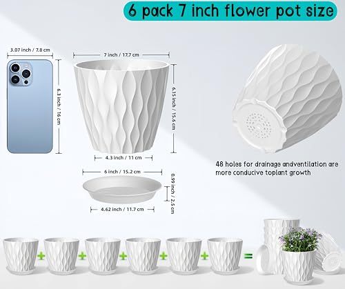 6 Pack 7 Inch Plant Pots with Drainage and Saucers, White Plastic Flower Pots for Indoor and Outdoor Plants, Stackable Nursery Planters for Houseplants and Herbs, White - color: White, size: 6 Pack 7 Inch