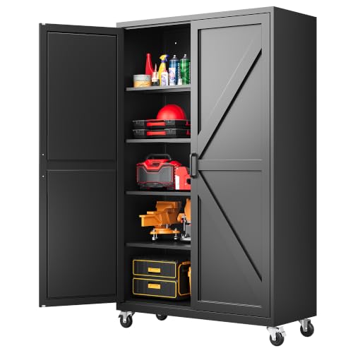 SISESOL Wide & Deep Metal Storage Cabinet with Wheels,Tall Rolling Garage Storage Cabinet with Doors,Black Metal Cabinets and Adjustable Shelves,Tool Locker for Garage,Home,Office,43''Wx 20''Dx71''H - color: Black, size: 71"H x 43.3"W x 20"D