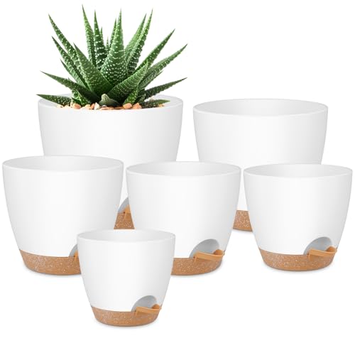 QRRICA Plant Pots 8/7/6.5/6/5.5/5 Inch Self Watering Pots, Set of 6 Plastic Planters with Drainage Holes and Saucers,Plastic Flower Pots,Nursery Planting Pot for Indoor Out Door Plants（White） - color: White, size: 8/7/6.5/6/5.5/5 inch