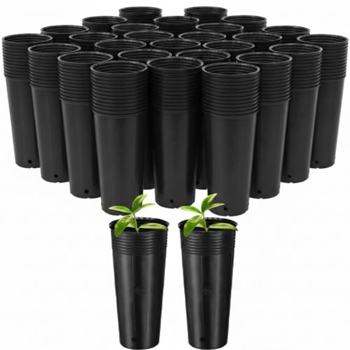 100 Pack Tall Tree Pot 9.8'' x 4.7'', Black Plastic Deep Nursery Pots, Soft Deep Seedling Pots for Seed Starting, Plant Starter Cups with Drainage Holes for Flowers, Cuttings Transplanting - size: 9.8'' X 4.7''