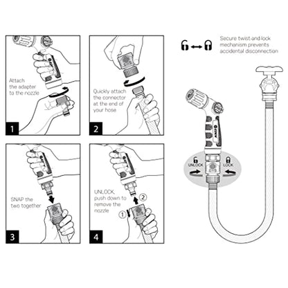 Eden PRO Metal 4-Pattern Hose Nozzle: Thumb Control, Cyclonic Turbo Spray - style: Angled Thumb Control