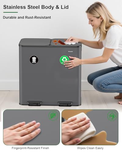 Lovewind 2×11.5 Gallon Dual Trash Can, Stainless Steel Dual Garbage and Recycling Can with Foot Pedal, 90° Stay-Open Lid, Pet-Proof Design – Large Dual Compartment Trash Recycling Bins Kitchen, Grey - color: Grey, size: 23 Gallon