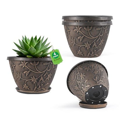 Nooulap 8 Inch Plant Pots with Drainage Hole, 4 Pack, Retro Brown - color: Retro Brown, size: 8 inch