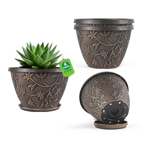 Nooulap 8 Inch Plant Pots with Drainage Hole, 4 Pack, Retro Brown - color: Retro Brown, size: 8 inch