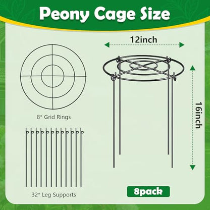 Peony Cages and Supports 8 Pack, 12x16 Inch Heavy Duty Metal Plant Cage for Outdoor Plants – Grow Through Flower Support Rings for Peonies, Roses, Tomatoes & Hydrangeas - size: 8.1PACK-12*16inch
