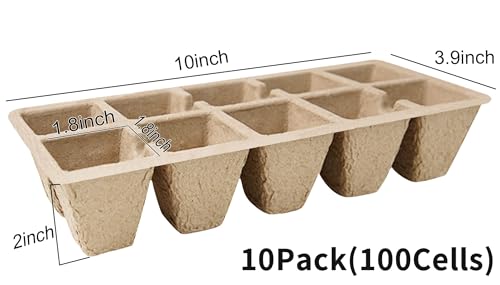 Seed Starter Tray 100 Cells, Biodegradable Peat Pots for Seedlings, 10 Pack 1.8" Square Pulp Nursery Cups with 100 Plant Labels and 2 Transplant Tools for Vegetable Herb