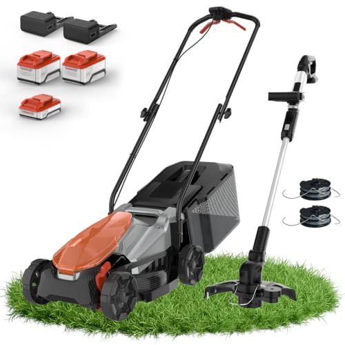 14 Inch Brushless Electric Lawn Mower and 12 Inch Trimmer Combo - color: 14'' Lawn Mower+Weed Wacker, size: 2*5.0Ah+2.0Ah