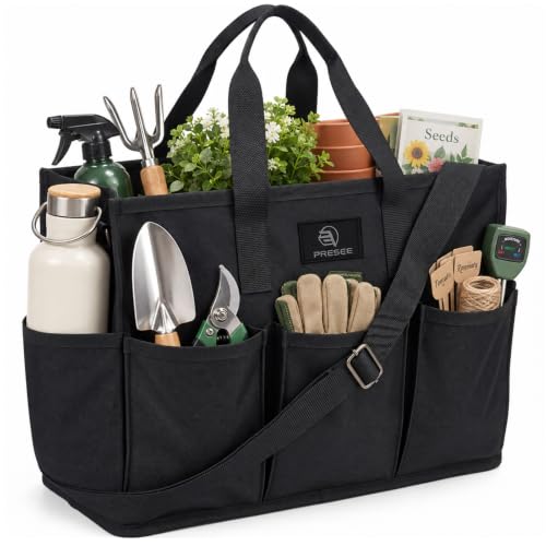 Garden Tool Bag with 9 Pockets & Shoulder Strap, Heavy Duty Gardening Tote Organizer for Tools, Gloves & Supplies, Black