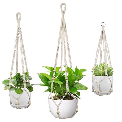 USLAI Macrame Plant Hanger, Fits 4 to 15 Inch Pots, 23+29+35 Inch, Ivory - color: Ivory, size: 3 Pack