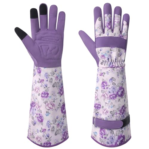 Gardening Gloves for Women, Long Garden Gloves with Grip, Thorn-Proof, Gift - color: Light Purple - Flower
