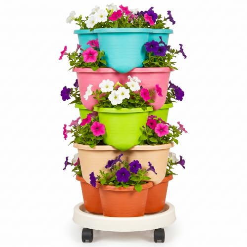 VECELO 5 Tier Vertical Garden Planter, Self Watering Stackable Planters with Wheels for Strawberries, Herbs, Flowers, Vegetables, Multicolor - color: Multicolor, size: 5 Tier