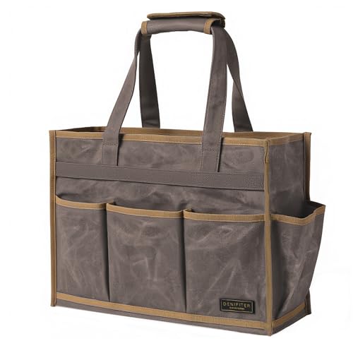 Canvas Large Tool Bag - A Large Main Pocket and 14 Insert Pockets Garden Tool Tote Bag - Durable 16oz Waxed Canvas Tool Case with Handle - Tool not Included - color: Grey