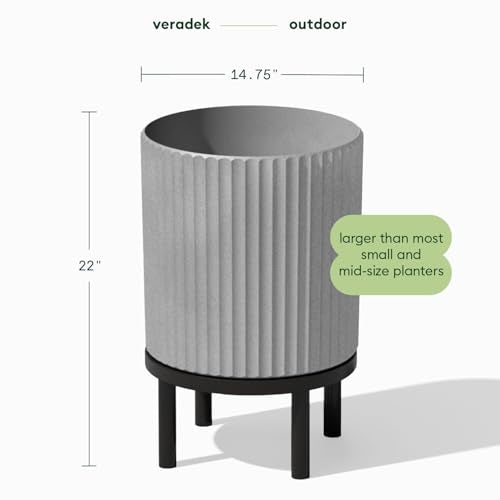 Veradek Demi Series Round Planter w/ Stand for Porch/Patio | Durable Plastic-Concrete & Wooden Stand | Modern Décor for Tall Plants, Flowers - color: Gray/Black, size: 16 inch
