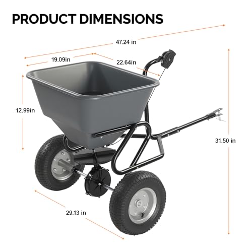 VINGLI 110lbs Fertilizer Spreader Tow-Behind with 10 Adjustable Drop Rate, with 11.4" Tire for Multi-Terrain, Broadcast Spreader for Lawn Care & Seed Spreading