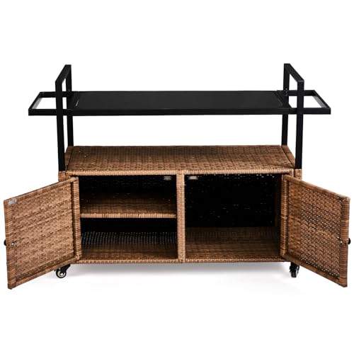VINGLI Outdoor Storage Cabinet with Wheels, Waterproof Woven Rattan with Double Magnetic Doors, Mobile Multi-Purpose Cabinet for Storage, Buffet Server, Bar Table, Potting Bench (Glass Top) - size: Glass Top