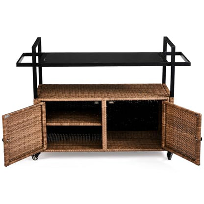 VINGLI Outdoor Storage Cabinet with Wheels, Waterproof Woven Rattan with Double Magnetic Doors, Mobile Multi-Purpose Cabinet for Storage, Buffet Server, Bar Table, Potting Bench (Glass Top) - size: Glass Top