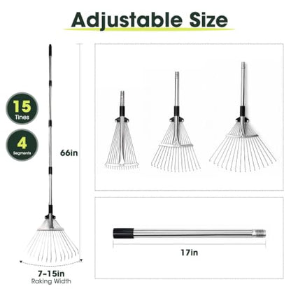 Rake for Leaves 15 Teeth, 7-15" Adjustable Width Metal Rake - size: 7"-15" Wide, 34"-66" Long