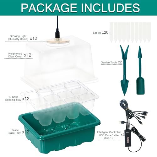 12-Set Seed Starter Tray with Grow Light, Seed Starting Trays Kits with Timing Controller Adjustable Humidity Domes Heightened Lids(12-Cells Per Tray) - color: Green 12-set