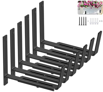 Y&M 6 Pack Adjustable Planter Box Brackets (6 to 12.5 in), Universal Window Box Brackets, Heavy Duty Iron Flower Box Wall Mounting Hooks for Balcony, Fences, Patio, and Garden - Black - size: 6pcs Black