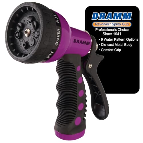Dramm Revolver Heavy Duty Metal Garden Hose Nozzle – 9 Spray Patterns, High Pressure Jet, Thumb-Control Flow, Ergonomic Grip – Berry - color: Berry, size: Revolver