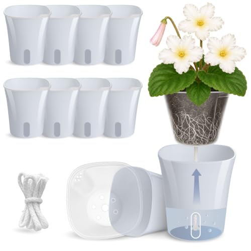10 Pack 3" Self Watering Pots for Indoor Plants, Clear Inner Cup, Small Blue Grey Plastic Planter, Water Level Indicator,Drainage Hole, Extra 3ft Wick, Cutting,Seedling,Herb,African Violet - color: Blue Grey, size: 3" (10 Pack)