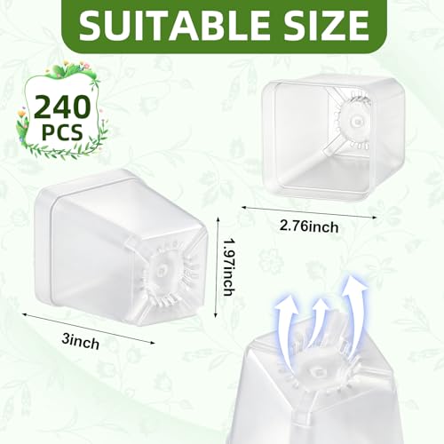240 Pcs 3" Clear Square Nursery Pots, Seed Starter with Drainage Holes - color: Clear
