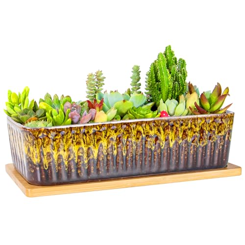 Succulent Pots, 12'' Long Rectangle Planters with Tray, Windowsill Planter - color: Yellow