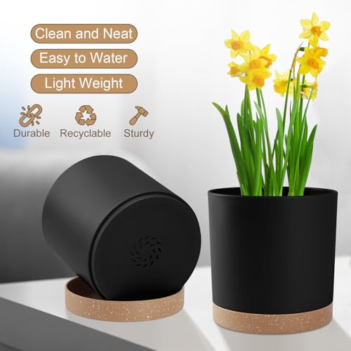 YNNICO Plant Pots with Drainage Holes and Saucers – 7, 6.5, 6, 5, 4 Inch Plastic Planters for Indoor Outdoor Plants, Modern Matte Finish, Lightweight & Durable（Black） - color: Black