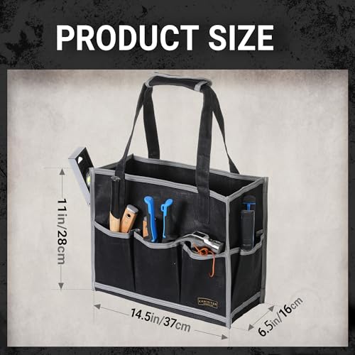 Waxed Canvas Tool Pouch,1 Large Capacity Pocket & 14 Pockets Garden Tool Storage Bag, 14.5 X 6.5 X 11 inch Muti-Purpose Tool Bag with Padded Handle | Black - color: Black