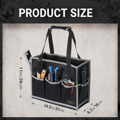 Waxed Canvas Tool Pouch,1 Large Capacity Pocket & 14 Pockets Garden Tool Storage Bag, 14.5 X 6.5 X 11 inch Muti-Purpose Tool Bag with Padded Handle | Black - color: Black