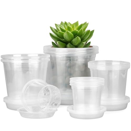 FUIJOL 4/5/6/7 Inch Clear Nursery Pots for Plants with Sacuers 20 Pack, Plastic Flower Pots with Drainage Holes, Variety Pack Seedlings Garden Pot for Indoor Outdoor (4+5+6+7 inch) - size: 4+5+6+7 inch