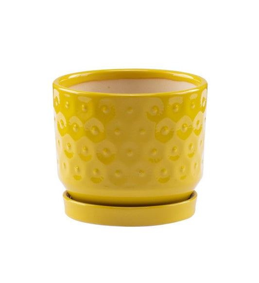 Napco Modern House Plant Succulent Herb Flower Pot with Drainage and Saucer Small 4.5 x 5 Inch Ceramic Glossy Yellow with Embossed Dot Pattern – Bright Contemporary Accent for Home or Office Décor - size: Small