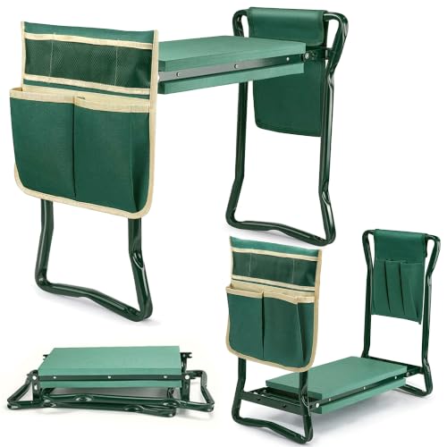 Garden Kneeler and Seat, Foldable Heavy Duty Gardening Stool with Soft Kneeling Pad 2 Tool Pouches Green