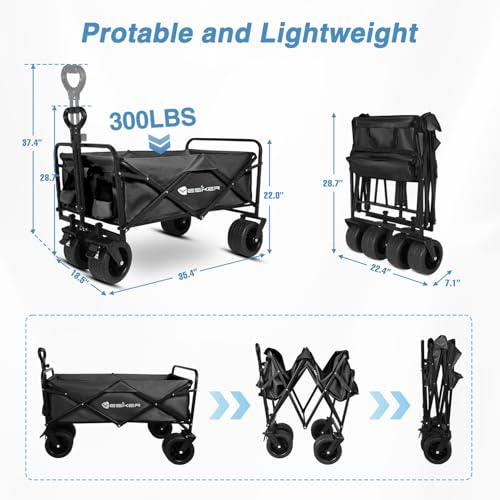 Yesker Foldable Wagon - 300lbs Collapsible Garden Carts with All Terrain Wheels for Outdoor Camping Sports Shopping Gardening - Heavy Duty Portable Utility Trolley (Black) - color: Black, size: 35*22*18"