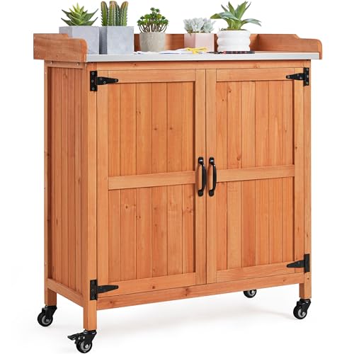 Topeakmart Potting Bench for Outside with Storage Cabinet & Metal Top,Brown - color: Brown