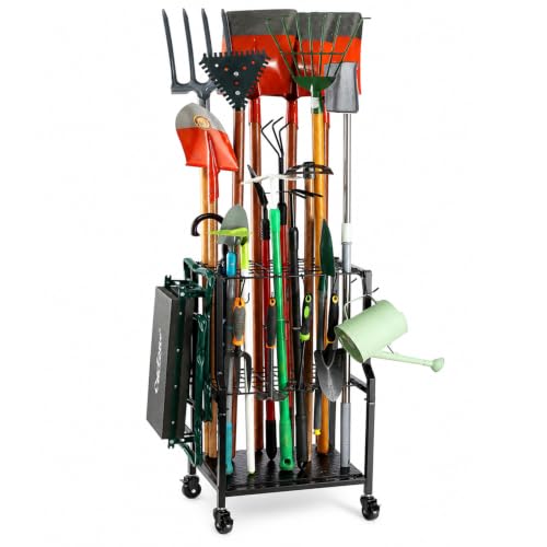 UU-Major Garden Tool Organizer for Garage Corner,Free Standing Yard Tools Rack Heavy Duty,Garage Organization and Storage Stand for Broom,Mop,Rakes,Shovel Holder for Lawn/Shed/Outdoor. - color: Quadrangel-Wheels-Black