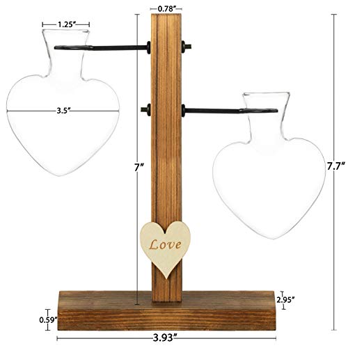 Kingbuy Heart Shaped Glass Hydroponic Vase with Retro Wooden Stand - Desktop Plant Terrarium for Bulb Planter, Water Plant Propagation Glass Vase Pot Planter Flower Desktop Decoration Home Garden - size: Heart （2 Bulb Vase）