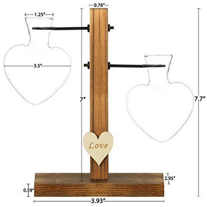 Kingbuy Heart Shaped Glass Hydroponic Vase with Retro Wooden Stand - Desktop Plant Terrarium for Bulb Planter, Water Plant Propagation Glass Vase Pot Planter Flower Desktop Decoration Home Garden - size: Heart （2 Bulb Vase）