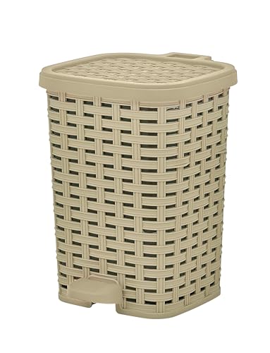 Small Outdoor Trash Can with Lid for Dog-Poop 1.5 Gallon/6 L Mini Plastic Garbage Can with Foot Pedal for Bathroom, Bedroom, Office, Patio, Wicker Beige - color: Beige and Brown, size: 1.5 Gallon