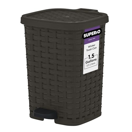 Superio Mini Trash Can with Foot Pedal Small Outdoor Garbage Can with Lid, 1.5 Gallon Plastic Waste Basket for Bathroom, Bedroom, Kitchen, Office, Patio (Wicker Smoke 6 QT.) (Brown, 1.5 Gallon) - color: Brown, size: 1.5 Gallon
