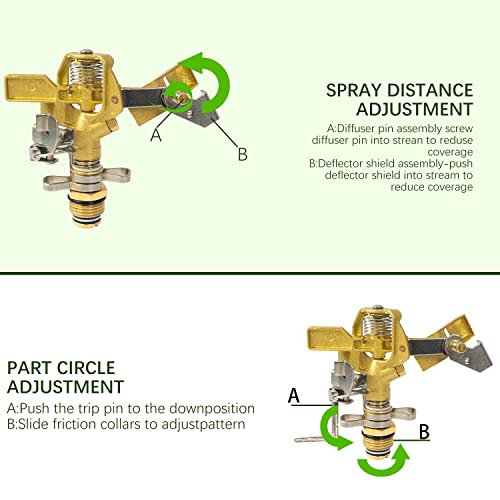 Hourleey 1/2 Inch Brass Impact Sprinkler, 2 Pack Heavy Duty Water Sprinkler Head, Adjustable 0-360 Degree Coverage Pattern, Watering Sprinkler for Large Area Lawn Patio Garden Irrigation - size: 2 Pack