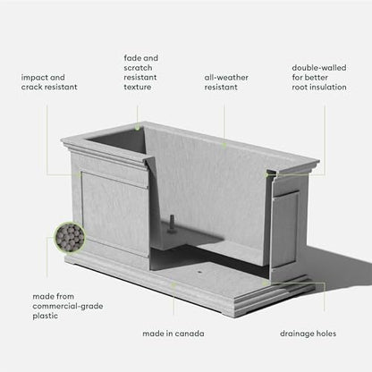 Veradek Brixton Series Large Plastic Planter - Gray, Outdoor, All-Weather Resistant, Dimensions 17.5"H x 16"W x 32"L, Classic Estate Design for Flowers, Trees, Shrubs - color: Gray