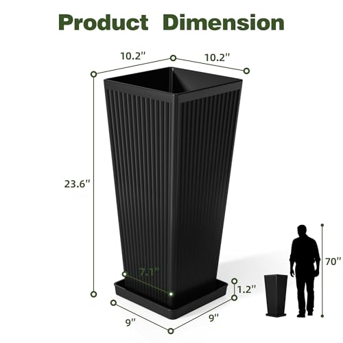 Square Tall Planters for Outdoor Plants with Tray - 24" Black 2Pack - color: Black-f