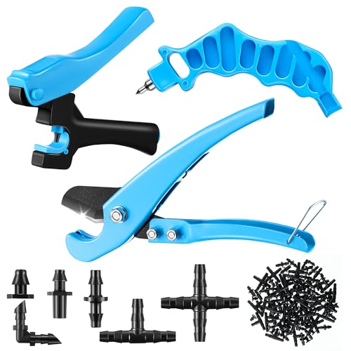Feekoon Drip Irrigation Hole Punch Tool, 2 in 1 Drip Tubing Punch and Fitting Insertion Tool for 1/4 Inch Emitters, 16 20 25mm PE Pipe, Garden Repair(Blue,115 Irrigation Plugs) - color: Blue