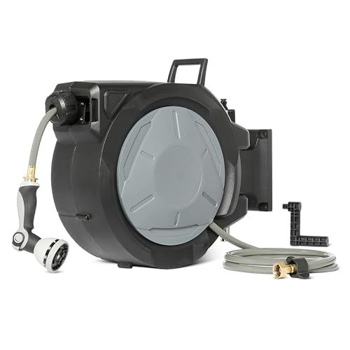Amazon Basics Retractable Garden Hose Reel, 65 Foot, Wall Mounted, 10-Pattern Spray Nozzle, 180° Swivel Bracket - size: 65ft